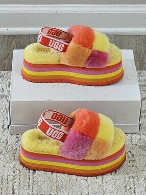 UGG Disco Checker Slide Womens 5 Multicolor Shearling Platform Slingback Sandals